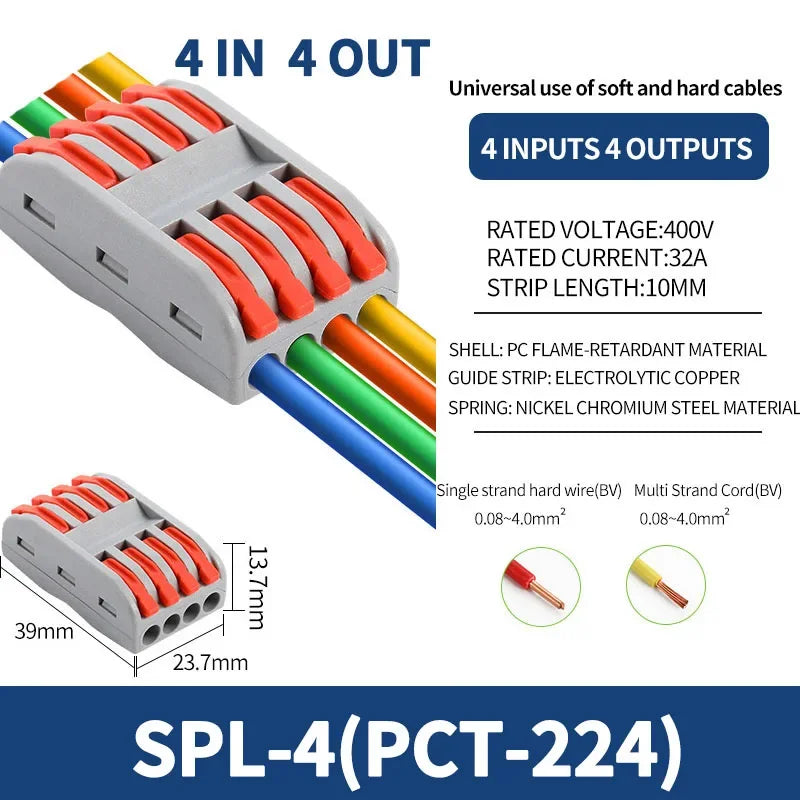 SPL-42/62/63/82/93 3/2-in 8/6/4-out Fast Wiring Terminal Multi-functional Parallel and Branch Docking Terminal Wire Connector