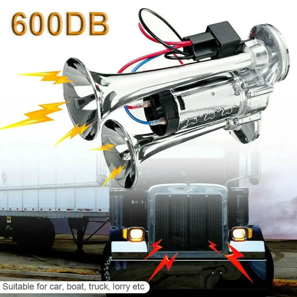Super Loud 600DB Dual Trumpet Train Horns for Trucks 12V Stainless Steel Electric High Decibel Chrome Finished Car Speaker with