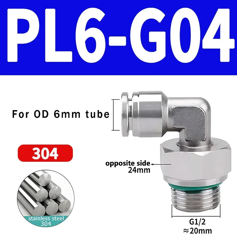 10/50/200PCS PL-G 304 Stainless Steel Trachea Quick Coupling Joint 1/8" 1/4" 3/8" 1/2" External G Thread Elbow Pneumatic Fitting