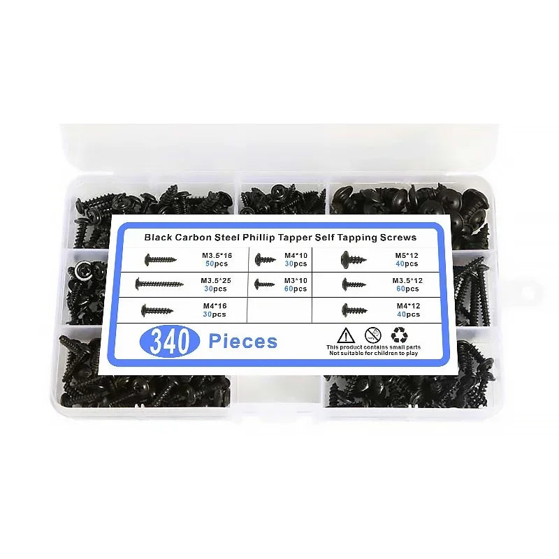 340PCS PWA Cross Self-Tapping Black Screw M3 M3.5 M4 M4.8 Carbon Steel Round Pan Head Tapping Screw with Washer Assortment Kit