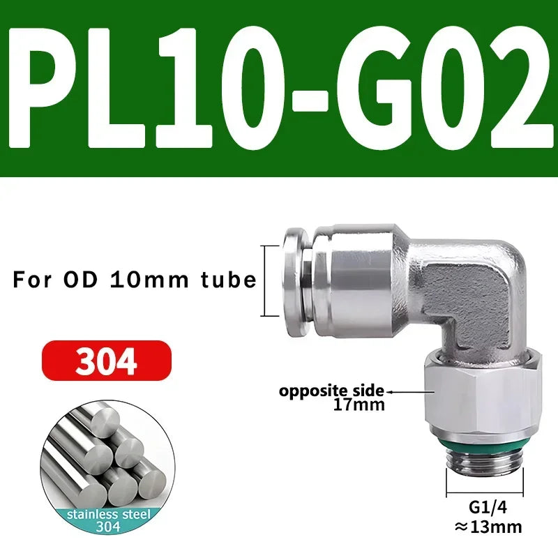 10/50/200PCS PL-G 304 Stainless Steel Trachea Quick Coupling Joint 1/8" 1/4" 3/8" 1/2" External G Thread Elbow Pneumatic Fitting