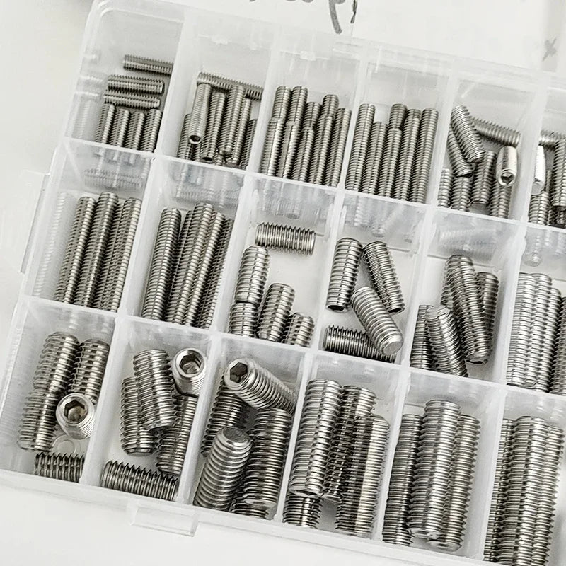 M3 - M10 Sizes DIN913 Hex Socket Allen Flat Point Grub Bolt Assortment - Black Steel & 304 Stainless Steel Mix