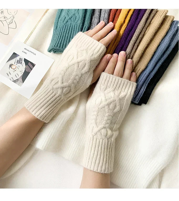 Men Women Stretch Acrylic Knit Stripe Fingerless Mitten Student Couple Winter Warm Twist Flower Half Finger Solid Glove Amagi