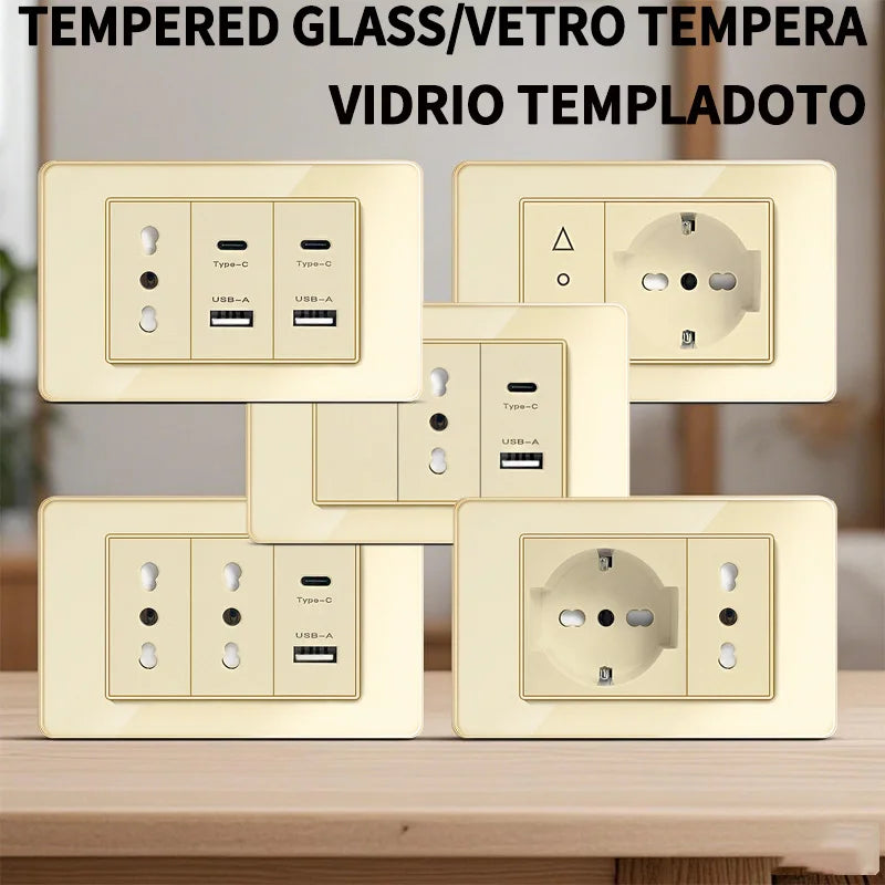 118-Style EU/CL Dual Socket with USB-C PD 20W - Tempered Glass Italy & Chile Outlet for Home/Office