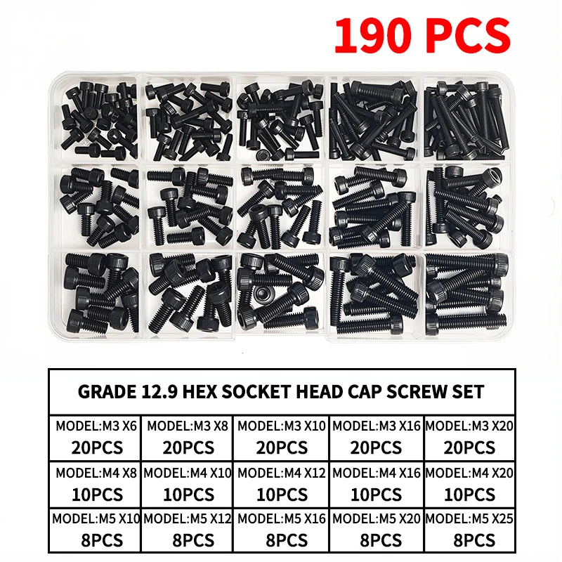 Grade 12.9 Carbon Steel Socket Head Cap Screws Kit, M3 M4 M5 M6 M8 Assortment, High Tensile Hex Bolts, Rust Resistant, Allen Key