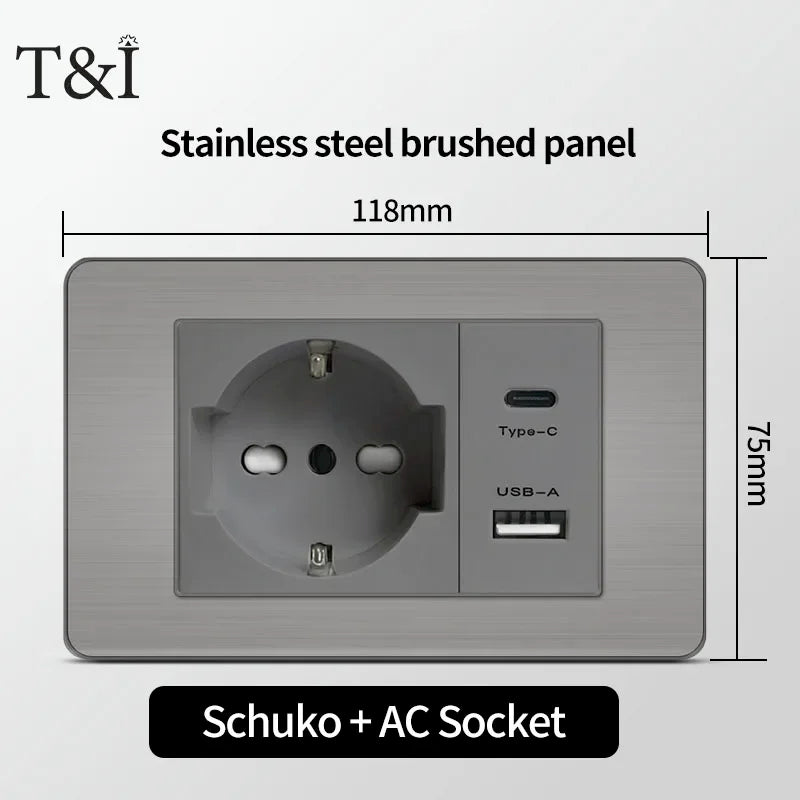 Stainless Steel Wall Socket 118x75mm Italian-Style with USB-C & Schuko Chilean Plug - Brushed Finish for Home/Office