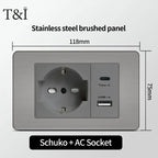 Stainless Steel Wall Socket 118x75mm Italian-Style with USB-C & Schuko Chilean Plug - Brushed Finish for Home/Office