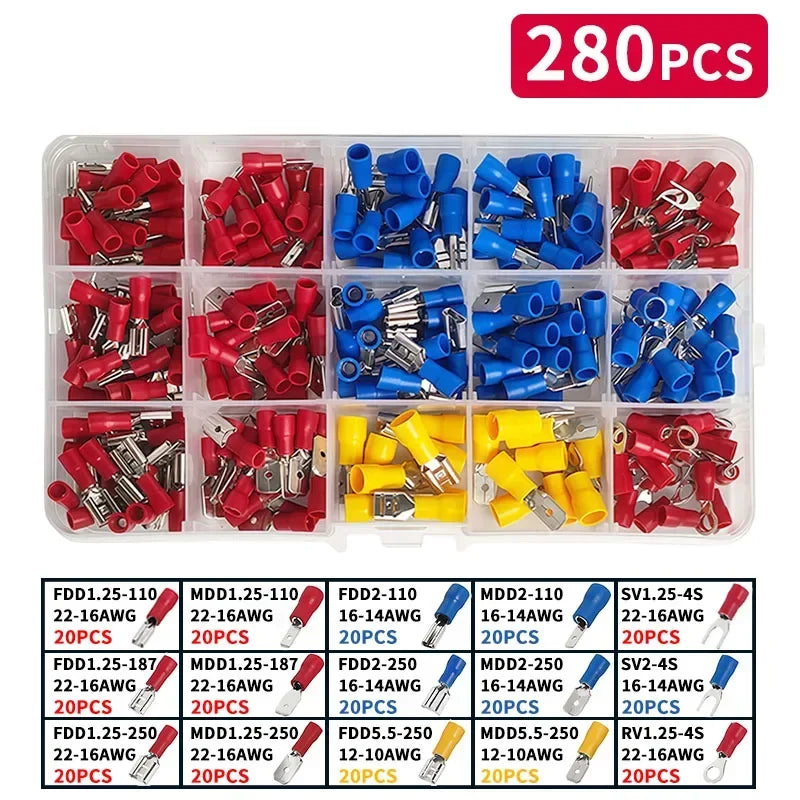 280/480/720/1200pcs Cold Pressed Terminal Kit - Insulated Quick Connect Spade/Ring/Fork Crimp Connectors for Automotive Wiring
