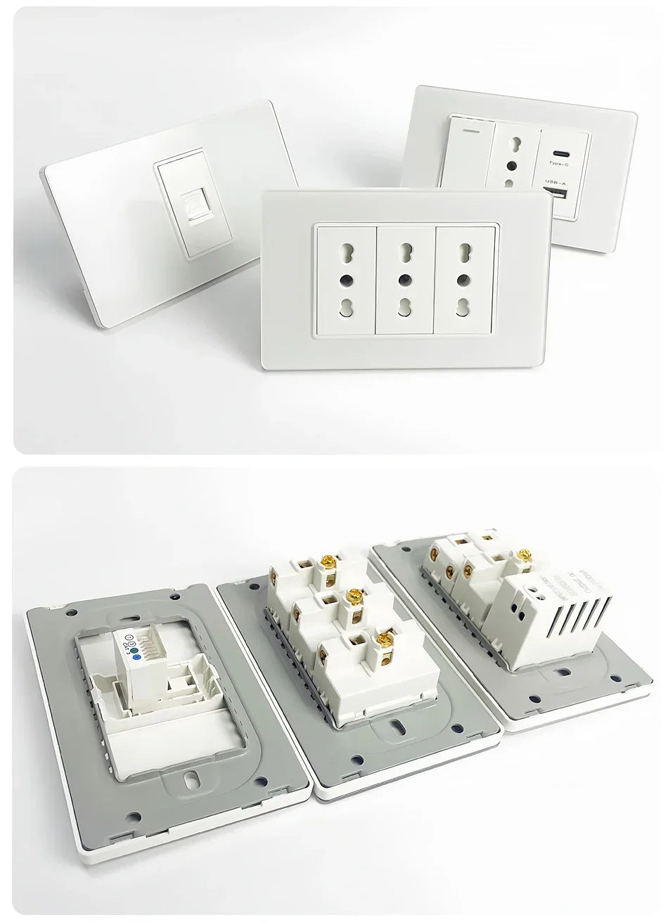 T&I Wall Switch Sockets with USB-C Fast Charging - Italy Socket, Chile Schuko Outlet & Tempered Glass Panel for Home Use