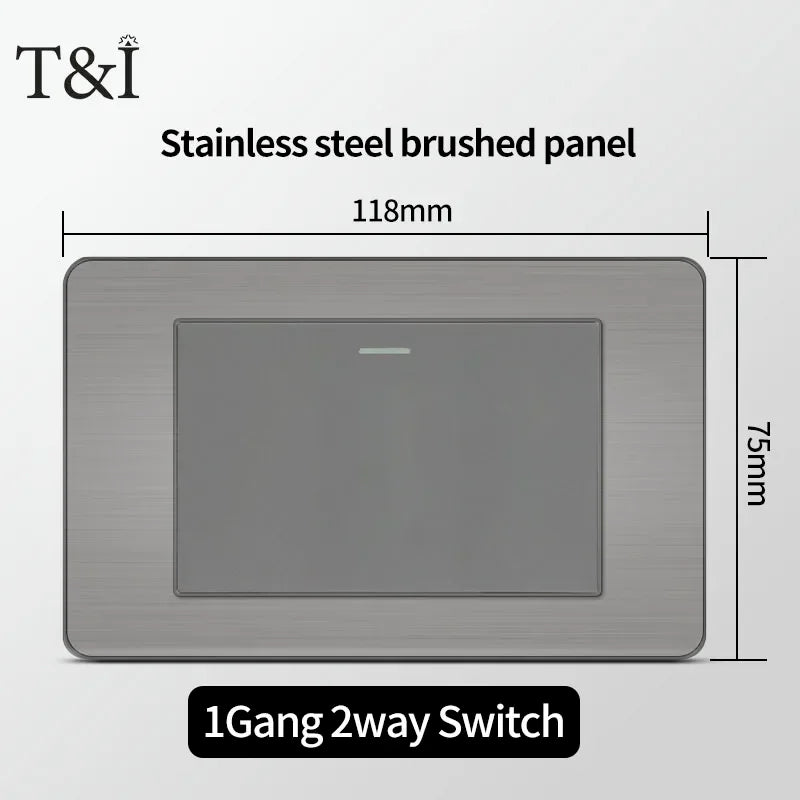Stainless Steel Wall Socket 118x75mm Italian-Style with USB-C & Schuko Chilean Plug - Brushed Finish for Home/Office