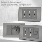 Stainless Steel Wall Socket 118x75mm Italian-Style with USB-C & Schuko Chilean Plug - Brushed Finish for Home/Office
