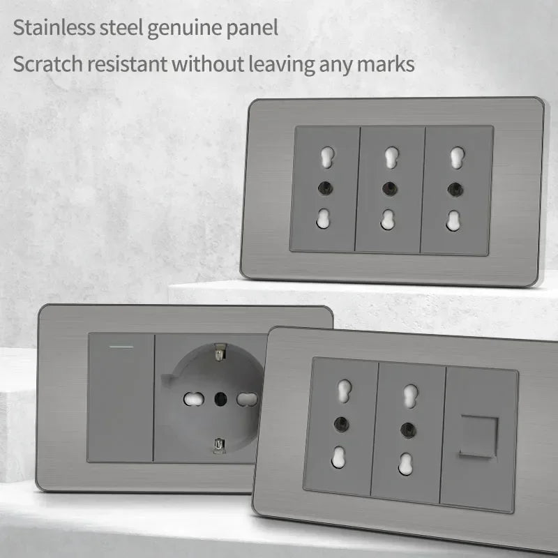 Stainless Steel Wall Socket 118x75mm Italian-Style with USB-C & Schuko Chilean Plug - Brushed Finish for Home/Office