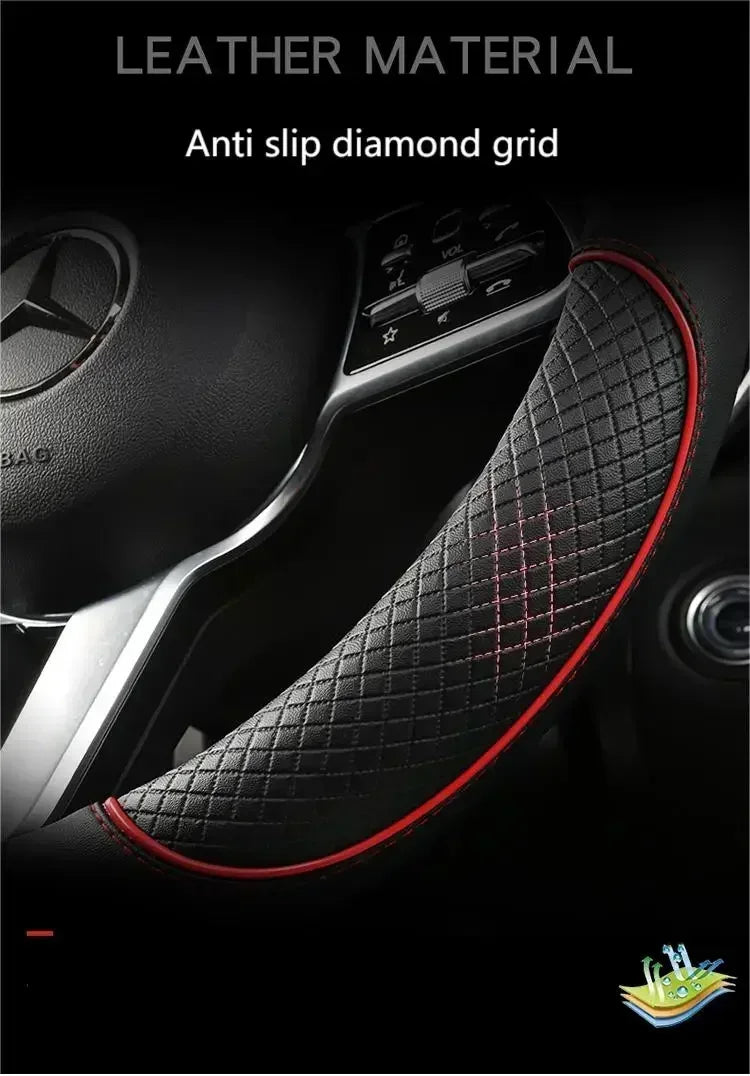 All Seasons Leather Diamond Steering Wheel Cover Universal Fit for 14 .5-15 Inch Durable Leather Cover Anti-Slip Veins Amagi