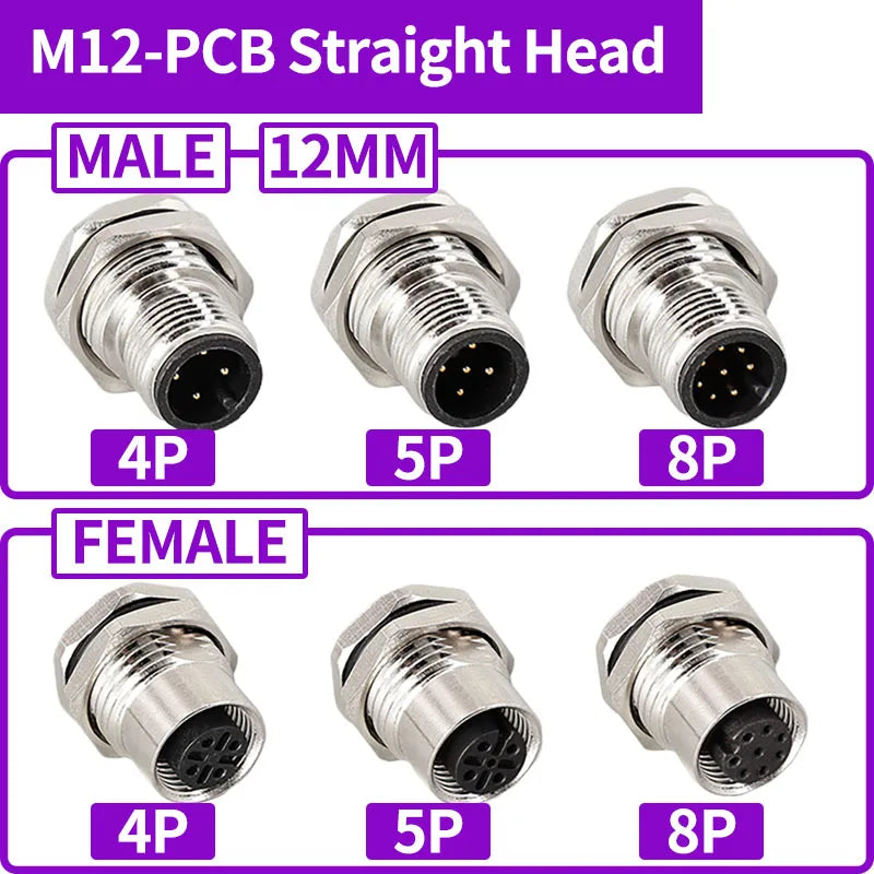 5/20 PCS M12 12mm Connector Aviation Panel Back/Front Mount Flange Socket Sensor Connector IP67 Waterproof Straight/Right Angle