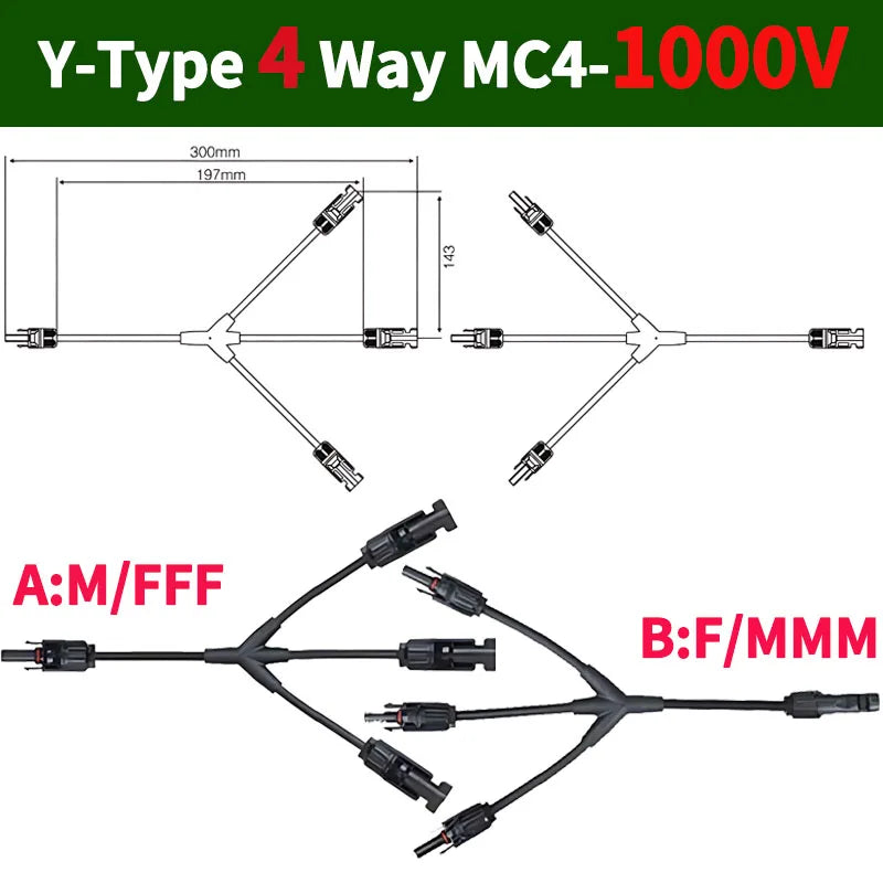 1/5/20/100 Sets DC PV Y Branch Photovoltaic Solar Connector 1000V 30A Male Female 3-Way 4-Way 5-Way Plug 1 To 2/3/4 Adapter