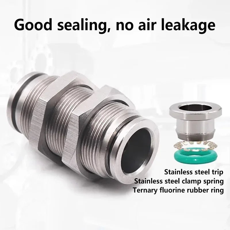PM Type 304 Stainless Steel Bulkhead Pneumatic Connector, Push-In Hose Fitting 4mm–16mm for Air, Gas and Fluid Pipe Connection