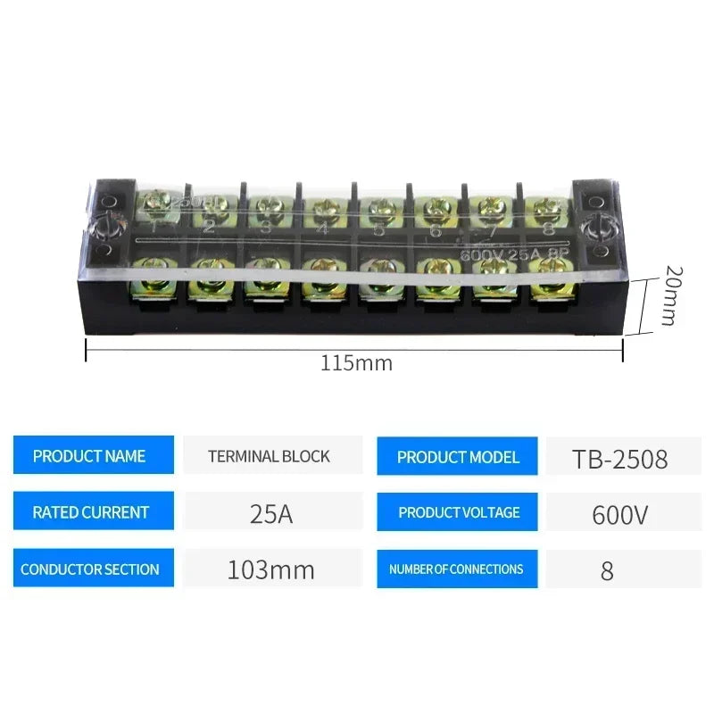 15A/25A/45A 600V Dual Row Barrier Terminal Block TB Series (3-12 Positions) Screw Connector for Electrical Panels TB1503 TB2512