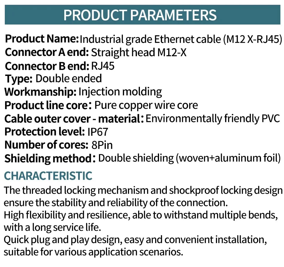 M12 X-Code 8Pin Male to RJ45 Gigabit Ethernet Cable 10Gbps IP67 Shielded - Industrial CAT6A Network Wire for Robotics & Harsh