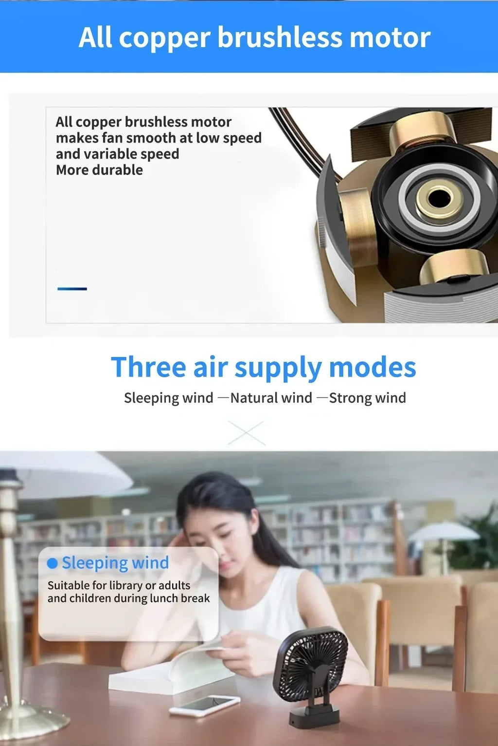 AD-Desktop Mini Rechargeable USB Fan With Timer Foldable 3 Speed 7 Leaf Portable Quiet Fan For Office Outdoor Camping Amagi