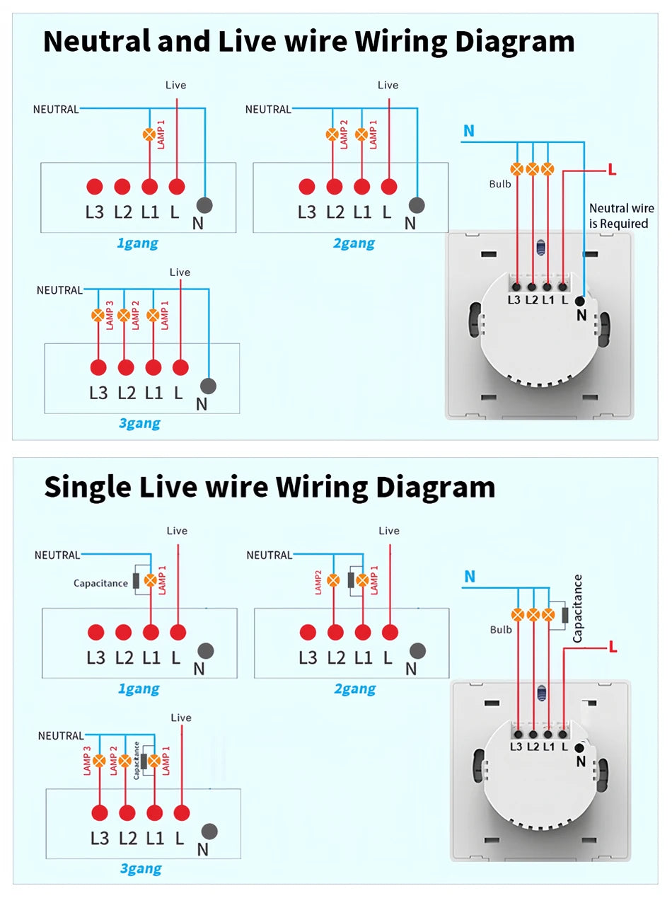 Tuya ZigBee Smart Light Switch No Neutral Wire No Capacitor Needed,1/2/3 Gang Wall Touch Interrupter Work with Alexa Google Home