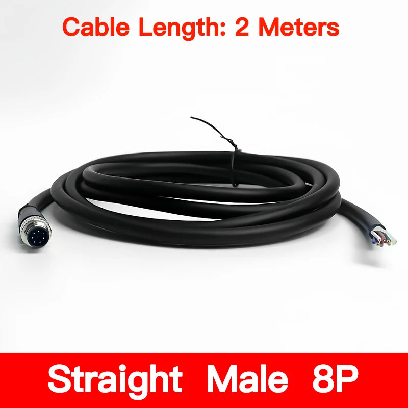 2m M8 Sensor Connector Cable, Straight & Right Angle Options, Male/Female, 3/4/5/6/8 Pin, Waterproof Molded Plug for Industry