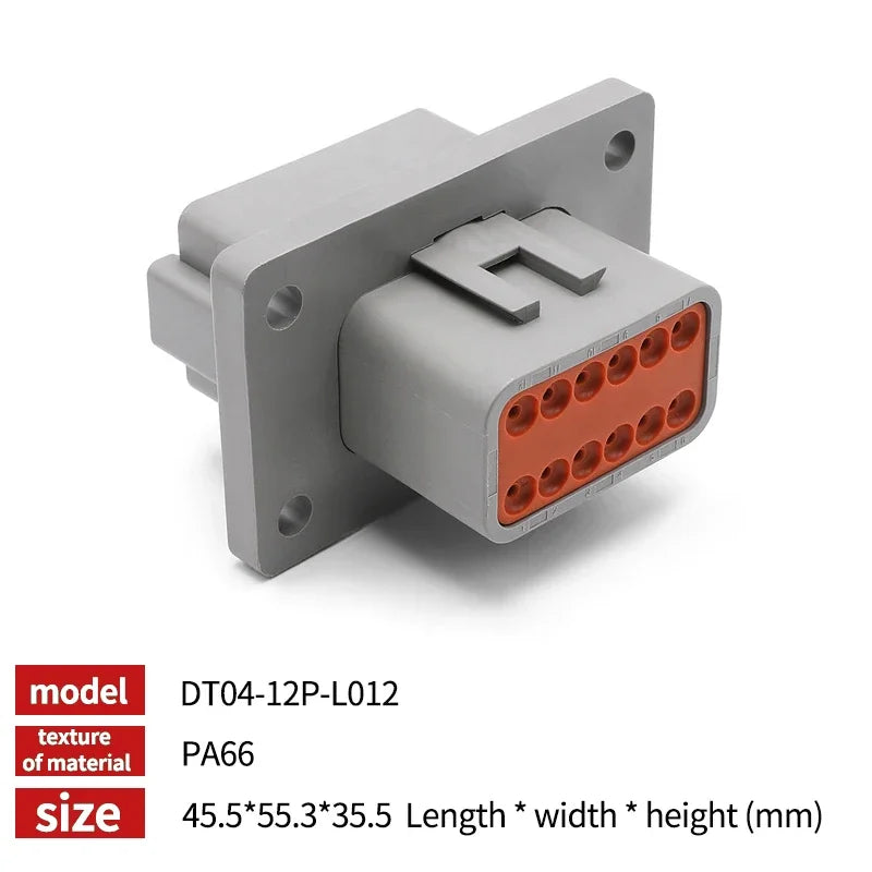 Deutsch DT Series IP68 Waterproof Connector with Fixed Flange Plug DT04-2P/12P for Auto/Truck/Bus Wiring 22-16AWG