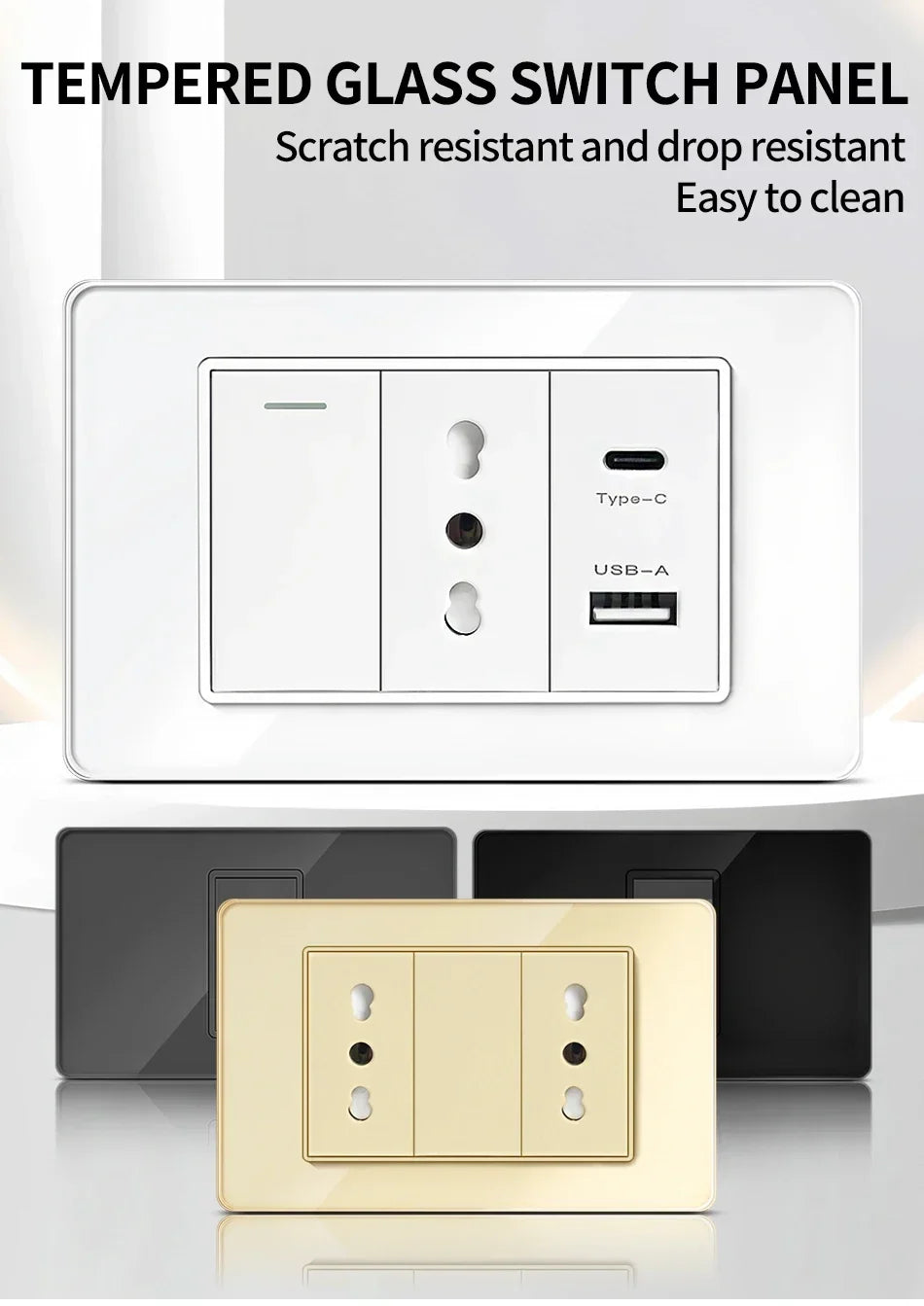 T&I Wall Switch Sockets with USB-C Fast Charging - Italy Socket, Chile Schuko Outlet & Tempered Glass Panel for Home Use