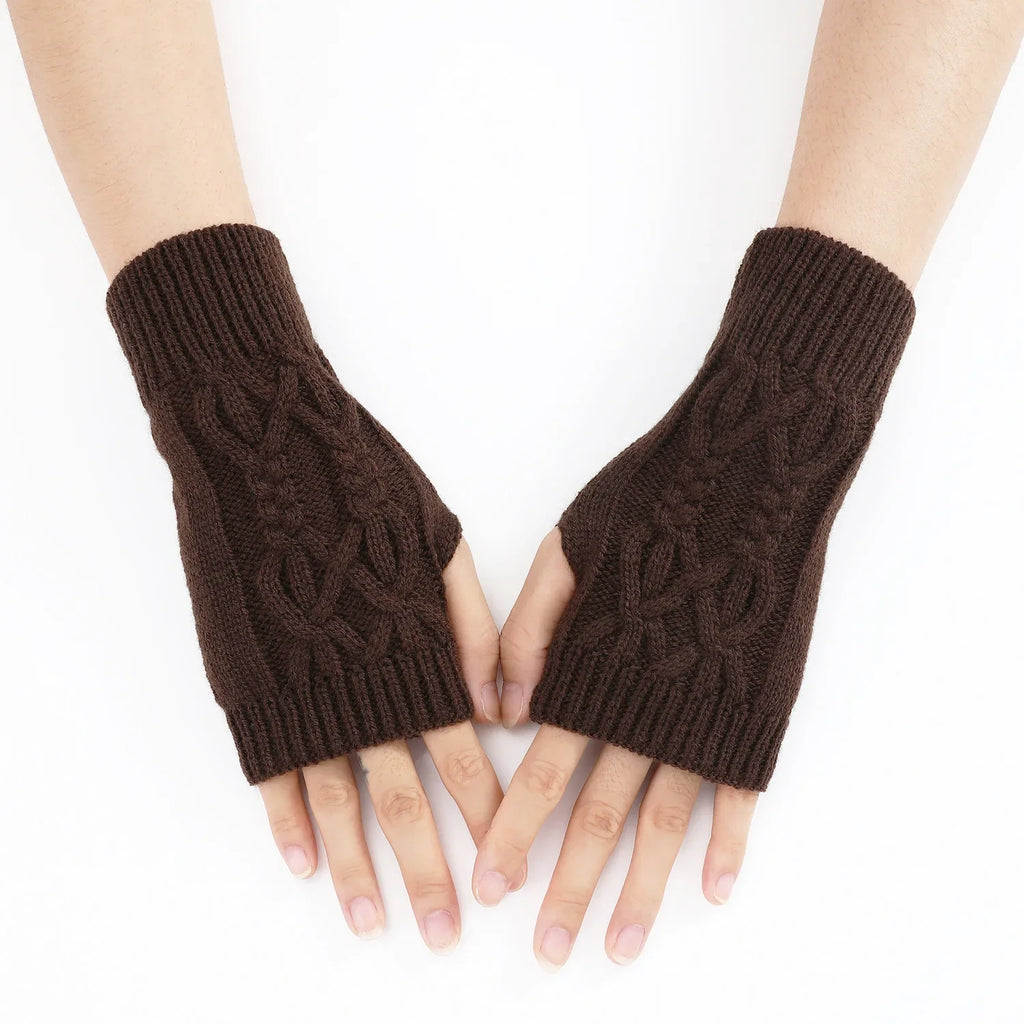Men Women Stretch Acrylic Knit Stripe Fingerless Mitten Student Couple Winter Warm Twist Flower Half Finger Solid Glove Amagi