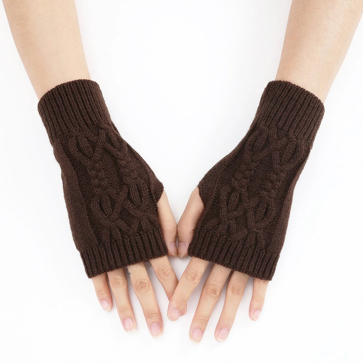 Men Women Stretch Acrylic Knit Stripe Fingerless Mitten Student Couple Winter Warm Twist Flower Half Finger Solid Glove Amagi