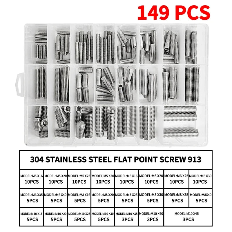 M3 - M10 Sizes DIN913 Hex Socket Allen Flat Point Grub Bolt Assortment - Black Steel & 304 Stainless Steel Mix