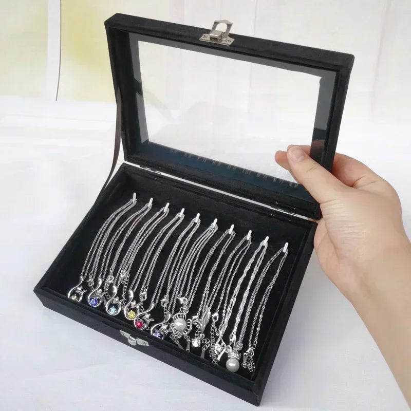 Black Jewelry Box Display Case for Rings Bracelets Earrings Necklaces with Lid Dustproof Glass Grid Storage Organizer Amagi