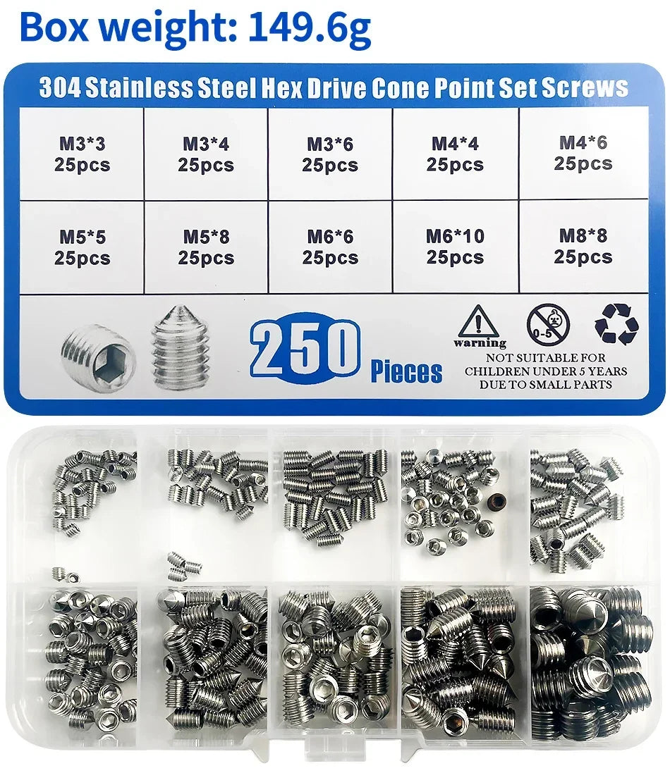 250Pcs/Box M3/M4/M5/M6/M8 Stainless Steel Allen Head Socket Hex Set Grub Screw Assortment Cup Point Set Screws With Plastic Box