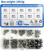 250Pcs/Box M3/M4/M5/M6/M8 Stainless Steel Allen Head Socket Hex Set Grub Screw Assortment Cup Point Set Screws With Plastic Box
