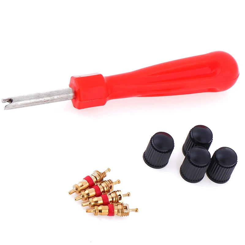 1 Set Tire Valve Service Kit 4 Valve Cores 4 Valve Caps 1 Valve Stem Screwdriver Tire Repair Tool for Car Motorcycle Bus Truck