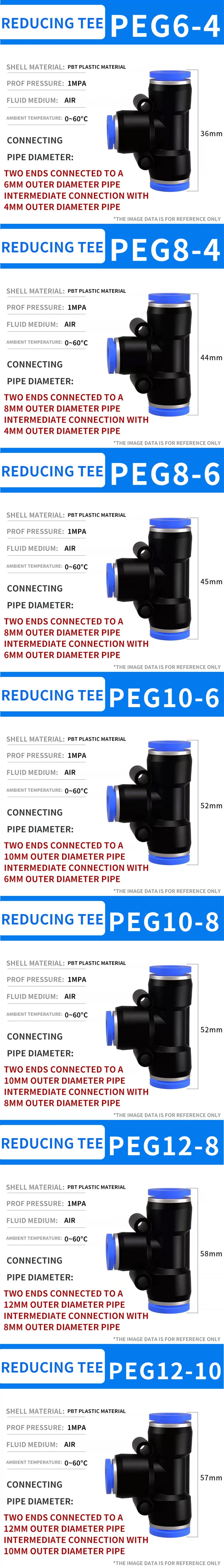 Pneumatic Push-In Quick Connector PE/PEG Plastic Tee Fittings (PE4 PEG6-4/8-4/8-6/10-6/8) for Air Compressor Fluid Systems Hose