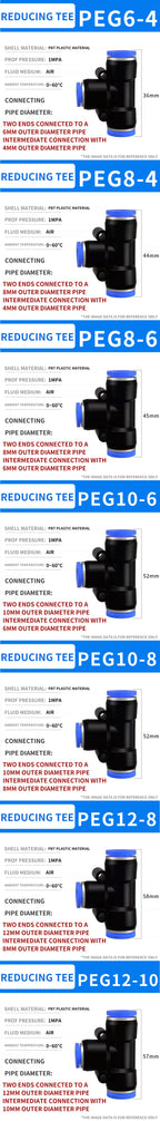 Pneumatic Push-In Quick Connector PE/PEG Plastic Tee Fittings (PE4 PEG6-4/8-4/8-6/10-6/8) for Air Compressor Fluid Systems Hose