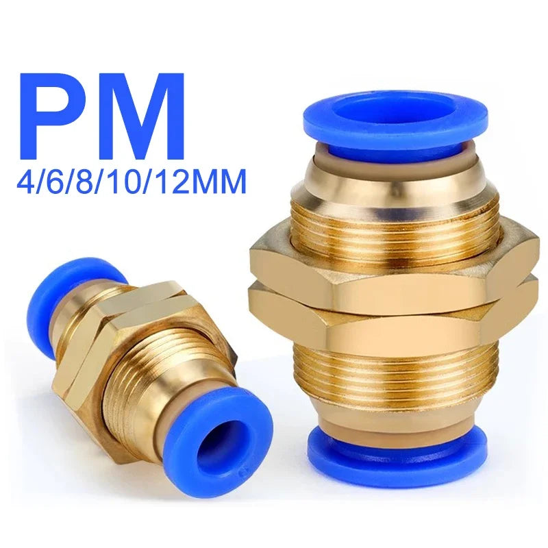 5PCS PM Push to Connect Fittings 4/6/8/10/12mm Bulkhead Union Quick Release Air Connector for 1/8-1/2" Thread Pneumatic Fittings