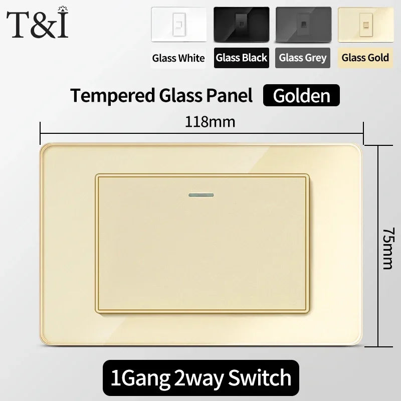 118 Series Glass Panel Wall Switch Socket, US Mexico Standard, USB and Type-C Charging Ports, 1/2/3/4 Gang Options