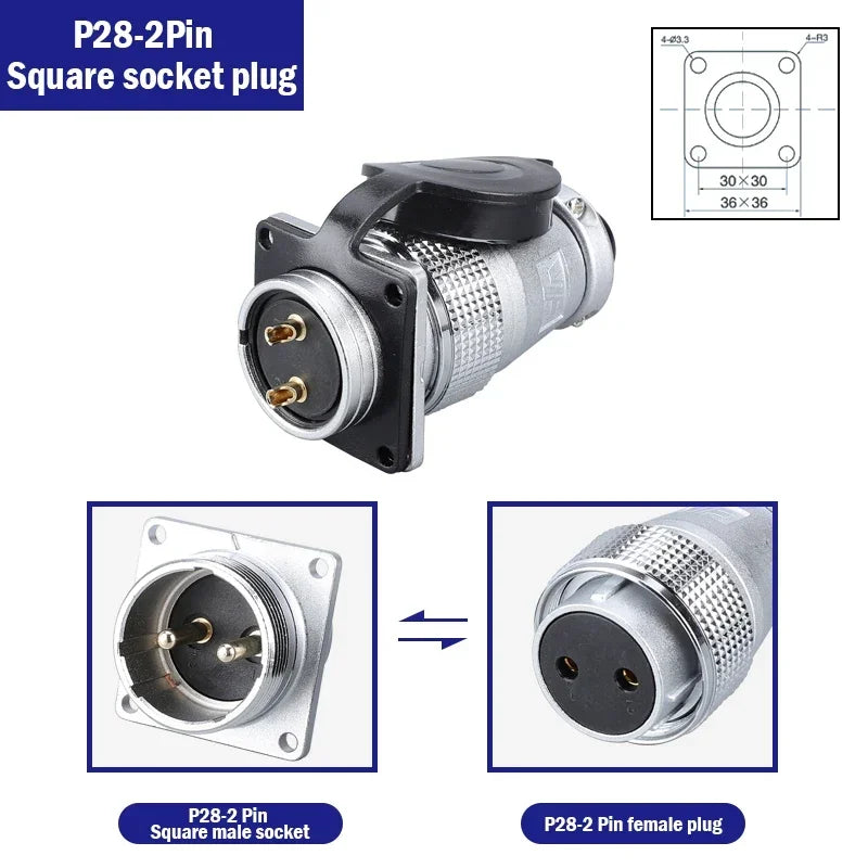 P28 Aviation Connector, Square Flange Socket, Male/Female Circular Butt Joint, 2/3/4/5/7/10/12/14/16/19/20/24 Pin, P28K2Q PLS28