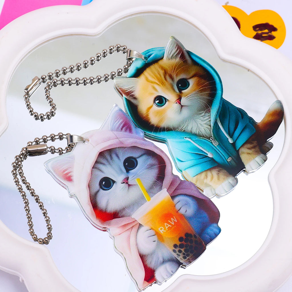 Acrylic Cat Pendant Key Chain 2D Flat Kitten Hanging Keychain Lifelike Kitten Bag Pendent Cartoon Animal Keyring Accessories