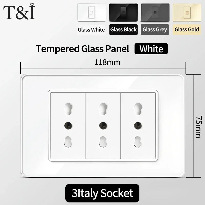 118x75mm Type-C Fast Charging Wall Socket Italy & Chile Schuko Outlet - Tempered Glass Panel Modern Design -Type Switch