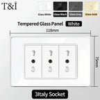 118x75mm Type-C Fast Charging Wall Socket Italy & Chile Schuko Outlet - Tempered Glass Panel Modern Design -Type Switch