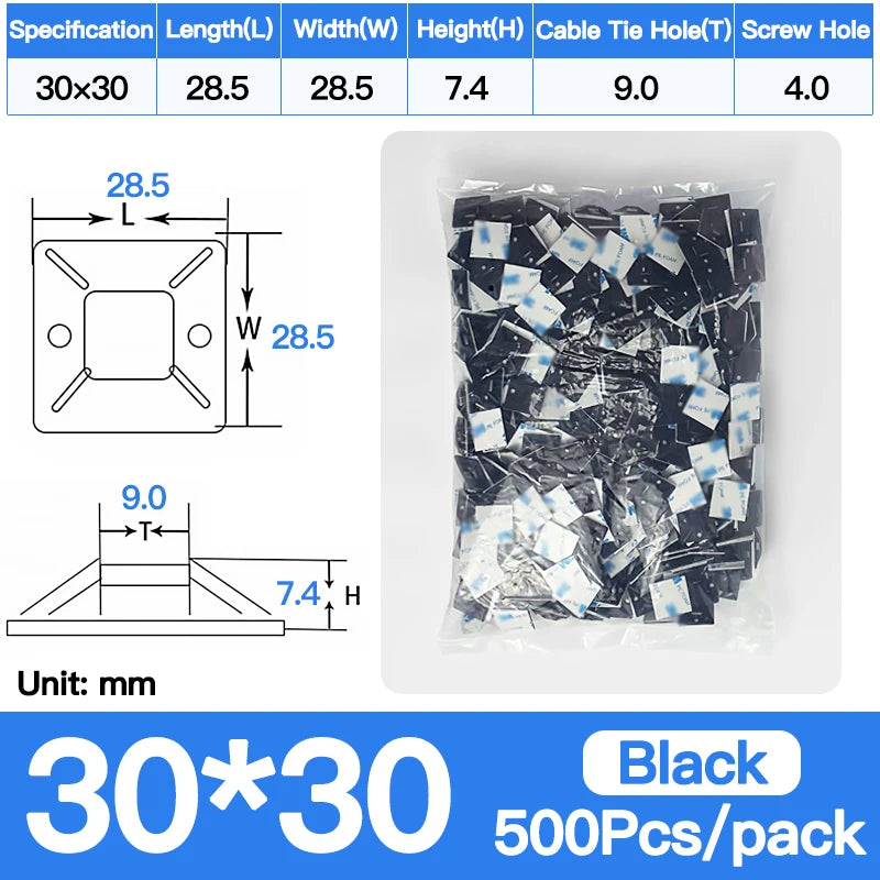 250/500/1000PCS Self-Adhesive Cable Tie Mounts, Strong Sticky Base Wire Holder Clips for Wall Fixing, Cable Routing Management