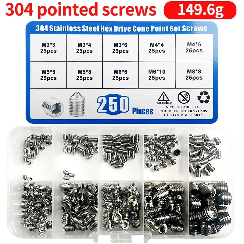 250Pcs/Box M3/M4/M5/M6/M8 Stainless Steel Allen Head Socket Hex Set Grub Screw Assortment Cup Point Set Screws With Plastic Box