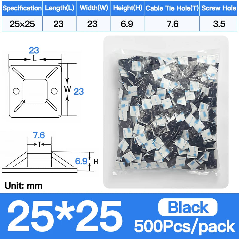 250/500/1000PCS Self-Adhesive Cable Tie Mounts, Strong Sticky Base Wire Holder Clips for Wall Fixing, Cable Routing Management