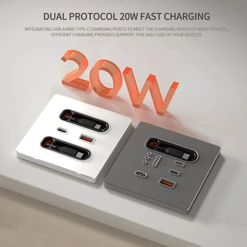 86-Type Wall Socket Panel with 20W USB-C PD & USB-A Ports | 80CM Retractable Cable for iPhone/Android Fast Charging