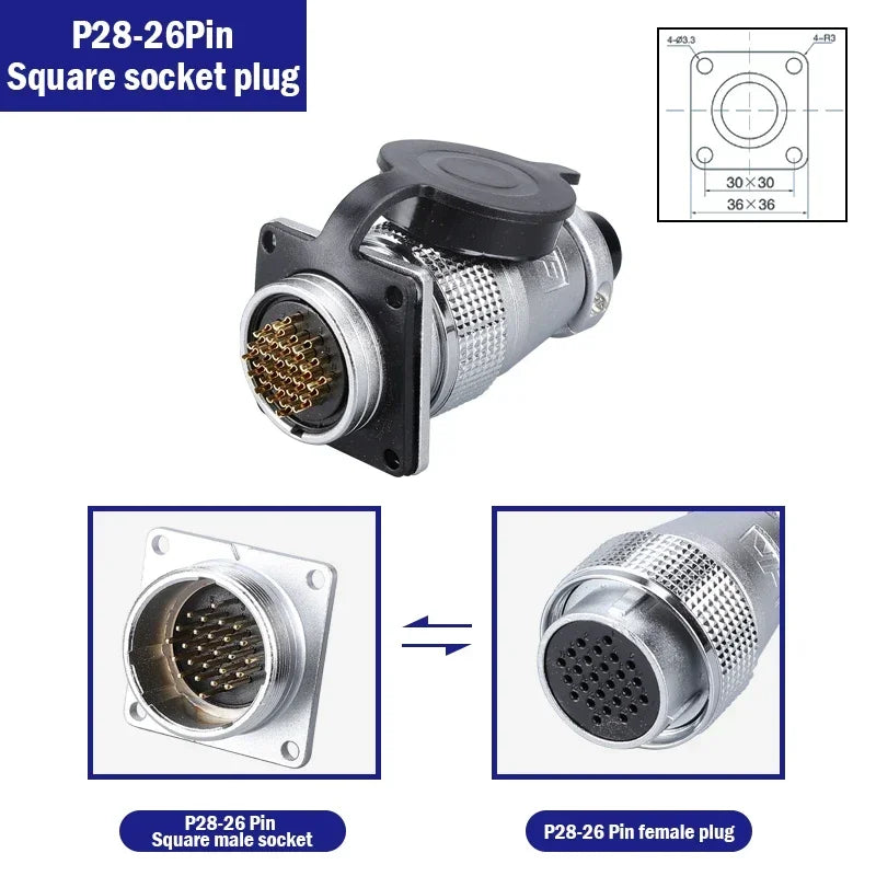 P28 Aviation Connector, Square Flange Socket, Male/Female Circular Butt Joint, 2/3/4/5/7/10/12/14/16/19/20/24 Pin, P28K2Q PLS28