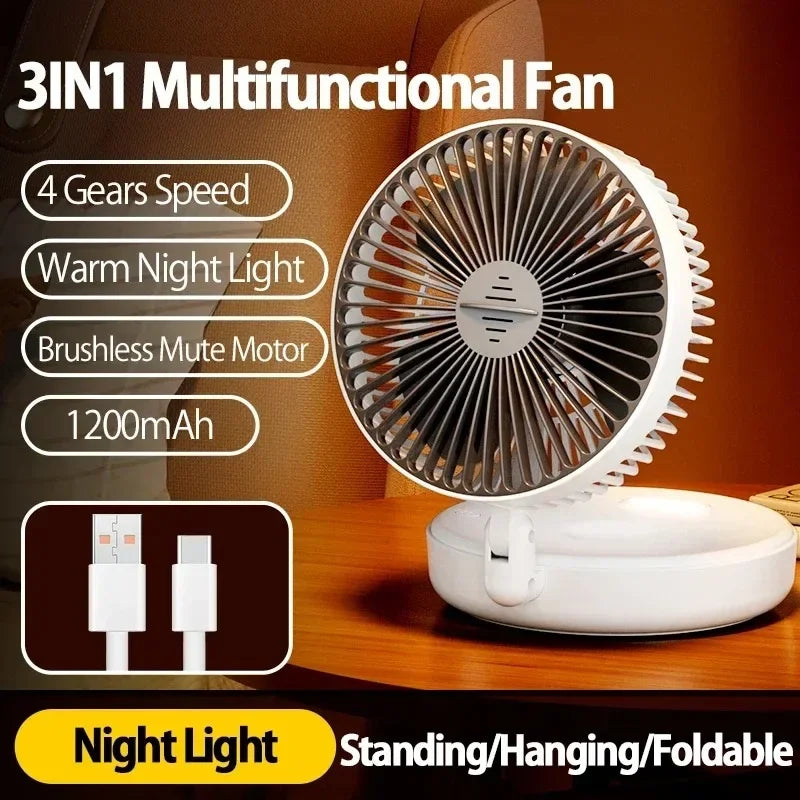 Foldable Desktop Fan Mini Wall-Mounted Car With Warm Night Light Rechargeable 4 Gears Adjustable Portable Air Circulation Amagi