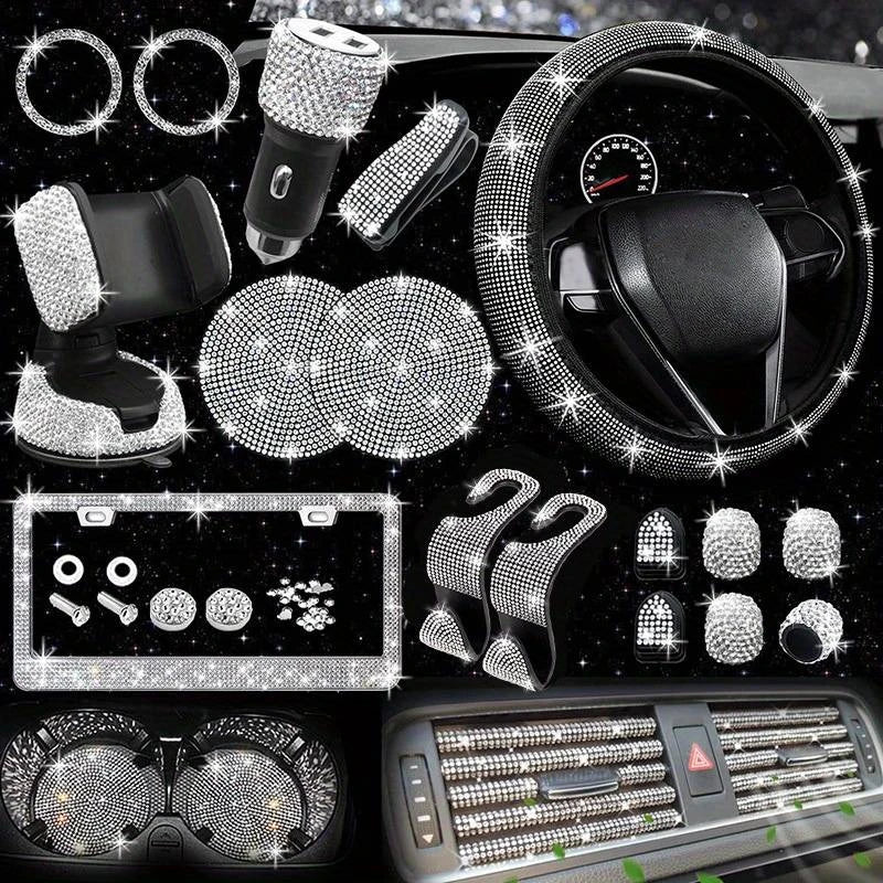 Car Accessories Set 27/4Piece Women Bling Universal Fit Polyester Steering Cover Shiny License Frame Phone Holder Coasters Tools