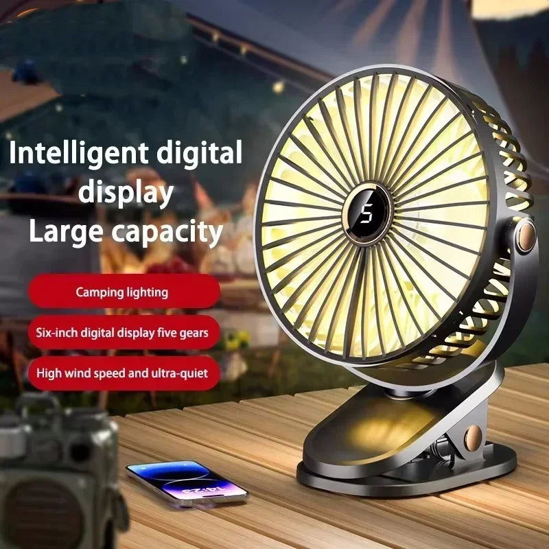 Car Clip-on Fan 5 Speed Quiet Rechargeable Desktop Portable Air Circulator Wireless Fan with LED Light for Office Amagi